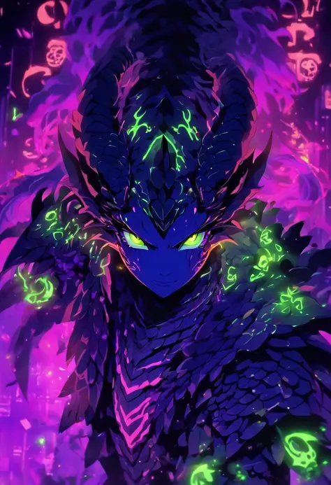 dragon girl, zombie, necrotic scales, black, purple, neon green, ominous glow, glowing, ghostly fire-colored eyes, wings with patterns reminiscent of interlocking computer codes, bone fragments protruding from wings, eerie aura, glowing runes like lines of...