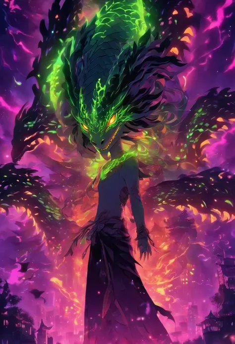 dragon girl, zombie, necrotic scales, black, purple, neon green, ominous glow, glowing, ghostly fire-colored eyes, wings with patterns reminiscent of interlocking computer codes, bone fragments protruding from wings, eerie aura, glowing runes like lines of...