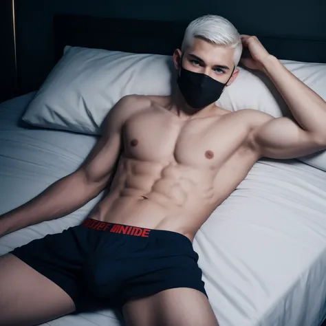 Teen male posing, tight boxers, skinny body, atmospheric, cute face, white hair, mask, dead inside, lying in bed, red eyes, night, buzz cut