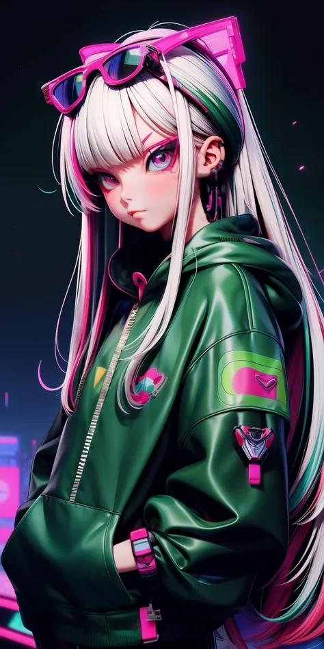 anime girl with white hair, straight face, straight body, poser, sunglasses, mall background, long messy green hair, cyberpunk anime girl in hoodie, cyberpunk anime girl, anime style 4 k, anime cyberpunk art, best anime 4k konachan wallpaper, digital cyber...