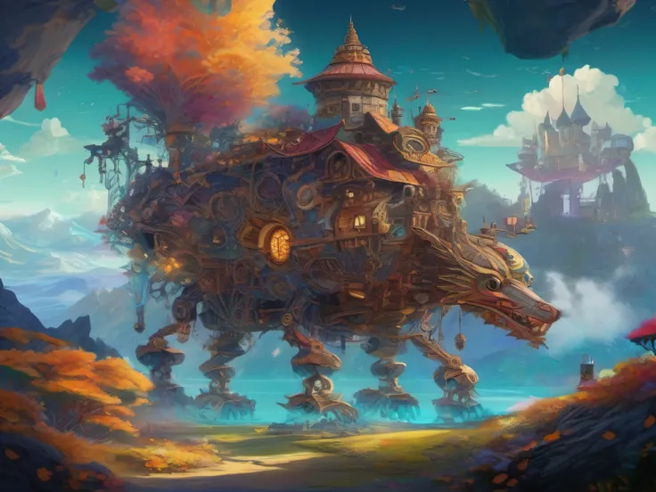 biomechanical moving castle creature, inspired by Miyazakis "Howls Moving Castle", with intricate clockwork mechanisms, glowing crystal structures, and floating platforms, surrounded by a vibrant, fantastical landscape.