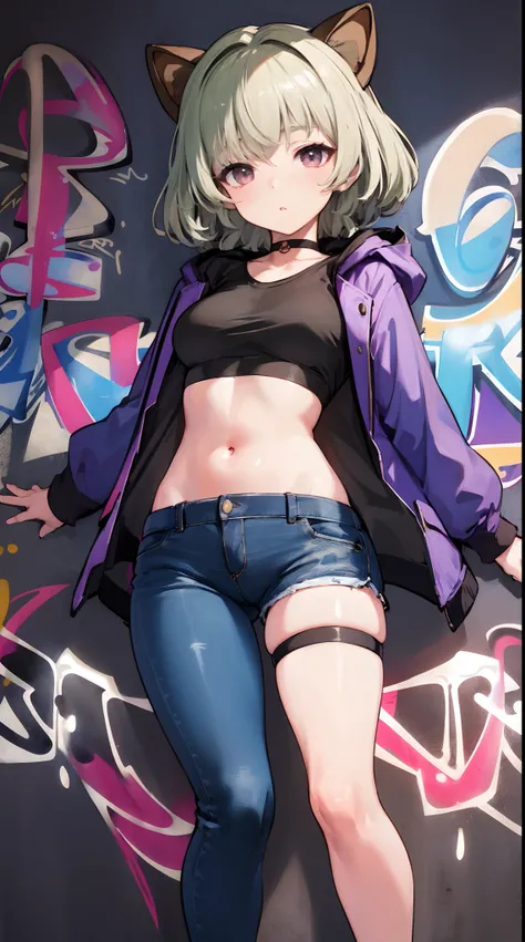 coat|genshin impact, master-piece, bestquality, 1girls,25 years old, proportional body, elongated legs, Beautiful, proportional., crop top, Long Jeans, mediuml breasts, ,bara, crop top, choker, (Graffiti:1.5), Splash with purple lightning pattern., arm beh...