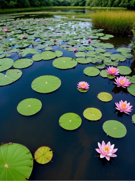 Super realistic lotus flowers in the pond at dusk in the afternoon, lotuses, lotuses, lotus flowers on the water, Lotus pond, lotus petals, water lilies, standing gracefully upon a lotus, water lily mat, serene colors, waterlily pond, with lotus flowers, w...