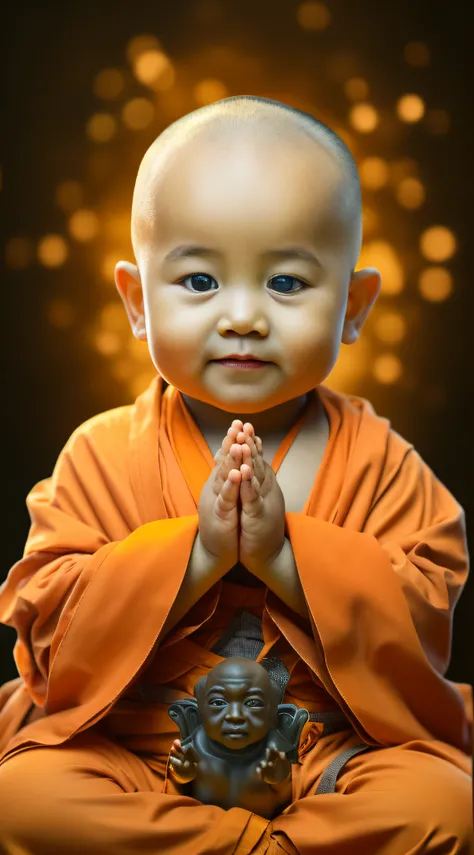 A little monk with a toddler，had his hands folded，sit with legs crossed，Orange monk robe，Perfect facial features，face to the viewer，with black background。