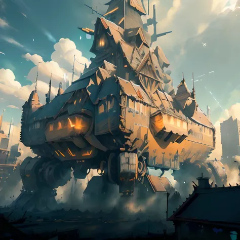 a moving castle with battle mechas in a city. (best quality, ultra-detailed, realistic:1.37), dark and gritty, steampunk, vibran...