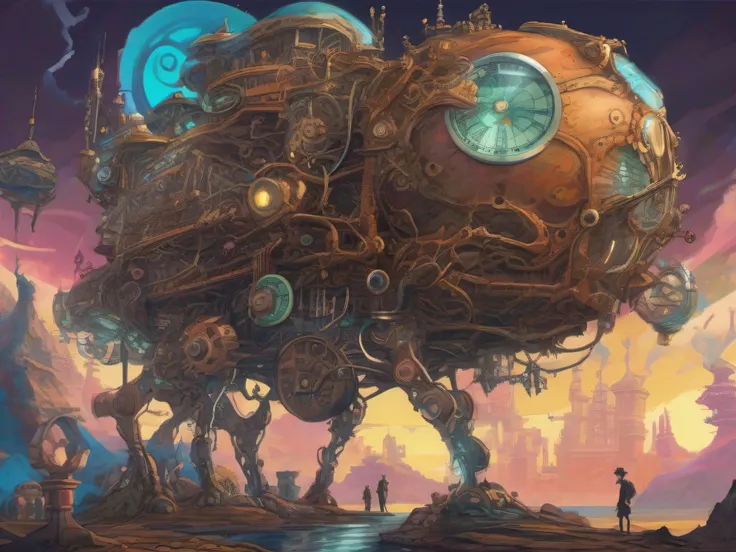 Futuristic steampunk, biomechanical moving castle creature, inspired by Miyazakis "Howls Moving Castle", with intricate clockwork mechanisms, glowing crystal structures, and floating platforms, surrounded by a vibrant, fantastical landscape.