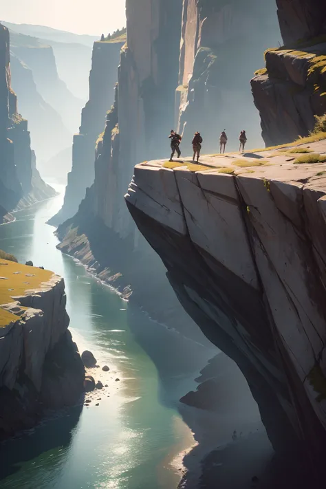 A group of adventurers wearing leather armors climbing up a cliff with a rope，a wet body，wide river in the background, cliffs in the background，Hazy light and shadow effects，a warm color palette，Warm picture，Vista perspective，Large depth of field，（3/4 blan...