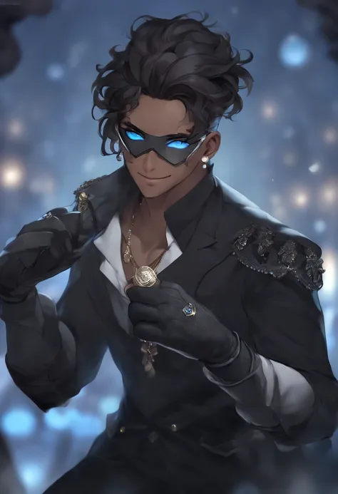 (manly:1.5), kaeya (genshin impact), (1boy:1.4), (male focus:1.5), (eyepatch:1.2), dark-skinned male, gloves, solo, jewelry, blue hair, earrings, (long hair:1.1), blue eyes, single earring, dark skin, bangs, black gloves, smile, fingerless gloves, closed m...