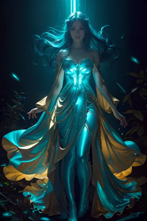 Medium body shot of beautiful  white mermaid in blue and gold armour style suit, no mask on, golden bioluminescence cape, big clevage, looking at center camera, perfect composition, beautiful detailed intricate insanely detailed octane render trending on a...