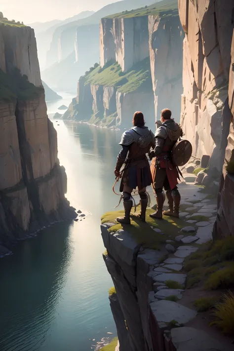 A group of adventurers wearing leather armors climbing up a cliff with a rope，a wet body，wide river in the background, cliffs in the background，Hazy light and shadow effects，a warm color palette，Warm picture，Vista perspective，Large depth of field，（3/4 blan...