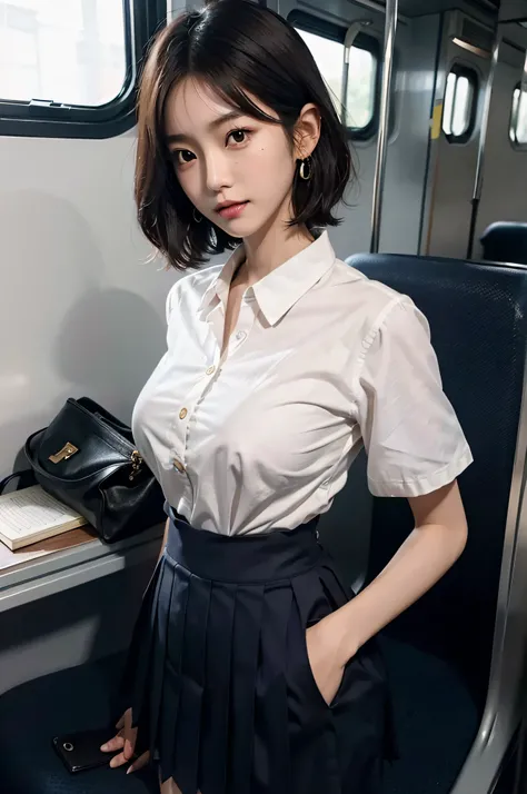 (very huge round breasts, perfect anatomy:1.3), (full body shot:1.5), (short hair, wavy hair:1.1), (Korean school uniform, summer school uniform shirt:1.4), RAW photo, extremely delicate and beautiful, masterpiece, Best Quality, ultra high resolution, 16k,...