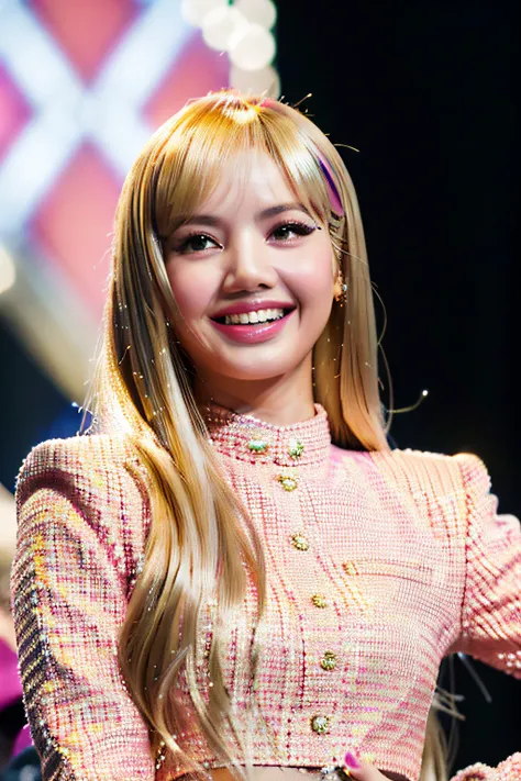 (photorealistic, a picture of lisa blackpink as barbie:1.4), ((barbie hair:1.3)), smile, teeth, grin,  (barbie house background: 1.4), (masterpiece, best quality, beautiful quality, detailed lighting, extremely detailed skin, extremely detailed hair, shado...