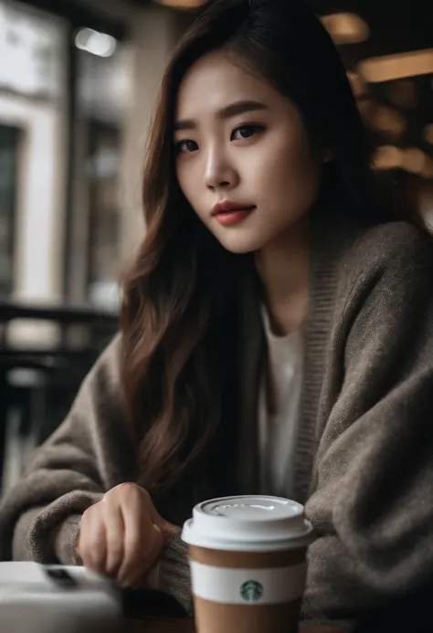 Chinese girl, beautiful long hair, gorgeous face, double eyelid, OOTD outfit, Starbucks cafe, sitting, holding Starbucks coffee