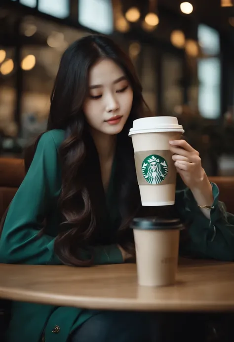 Chinese girl, beautiful long hair, gorgeous face, double eyelid, OOTD outfit, Starbucks cafe, sitting, holding Starbucks coffee