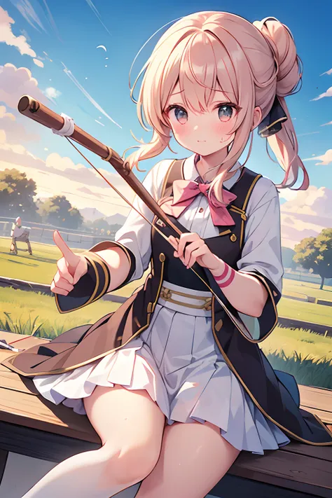 floating hair, light blush, during a match, sweat, half updo, outdoors, project a wide area, archery, bend a bow, aim at the target, ready a bow, whole body, fullbody, anime, anime style, 4K, textured skin, super detail, best quality, award winning