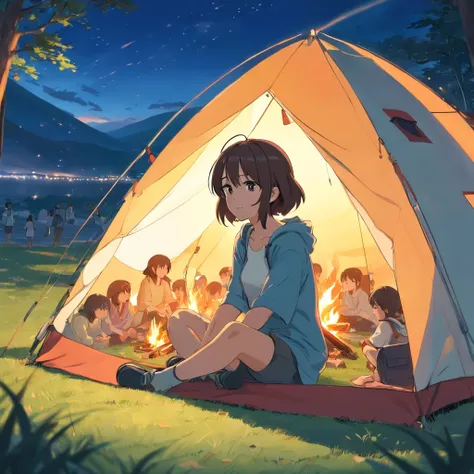 A sensitive and suspicious girl sits in a tent on the grass with a bunch of people，She looked at the campfire in front of her，With a smile