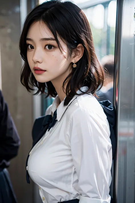 (very huge round breasts, perfect anatomy:1.3), (full body shot:1.5), (short hair, wavy hair:1.1), (Korean school uniform, summer school uniform shirt:1.4), RAW photo, extremely delicate and beautiful, masterpiece, Best Quality, ultra high resolution, 16k,...