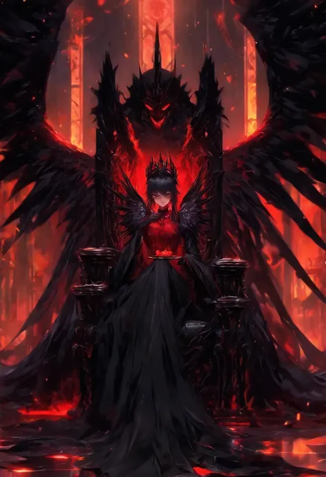 handsome girl, Black leather suit, membranous wings , Girl drinks a glass of black blood, Evil smile, Dark Metal Throne, Throne Room.