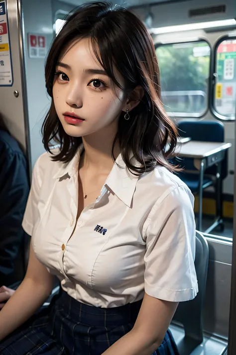 (very huge round breasts, perfect anatomy:1.3), (full body shot:1.5), (short hair, wavy hair:1.1), (Korean school uniform, summer school uniform shirt:1.4), RAW photo, extremely delicate and beautiful, masterpiece, Best Quality, ultra high resolution, 16k,...