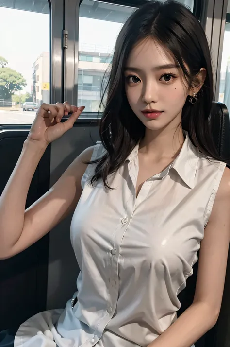 (very huge round breasts, perfect anatomy:1.3), (full body shot:1.5), (short hair, wavy hair:1.1), (Korean school uniform, summer school uniform shirt sleeveless:1.4), RAW photo, extremely delicate and beautiful, masterpiece, Best Quality, ultra high resol...