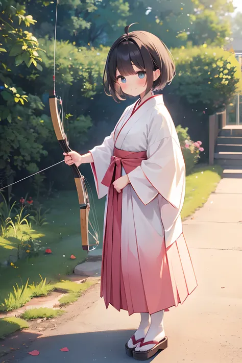 floating hair, light blush, sweat, outdoors, project a wide area, archery, bend a bow, fullbody, Describes the whole body, wear a hakama, light smile, naughty face, pixie cut, anime, anime style, 4K, textured skin, super detail, best quality, award winning