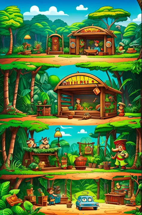 Theater, front scene in the middle of the jungle, vintage cartoon, hyper detailed, full color, 4k