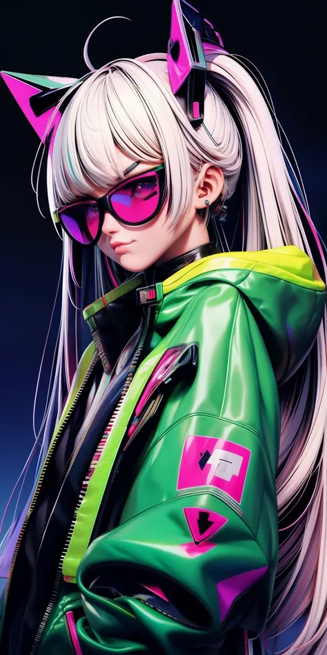 anime girl with white hair, straight face, straight body, poser, sunglasses, mall background, long messy green hair, cyberpunk anime girl in hoodie, white jacketcyberpunk anime girl, anime style 4 k, anime cyberpunk art, best anime 4k konachan wallpaper, d...