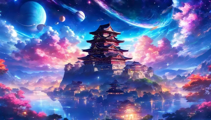 Japan castle floating in outer space、cosmic space、Japan castle located next to Saturn、Saturn、