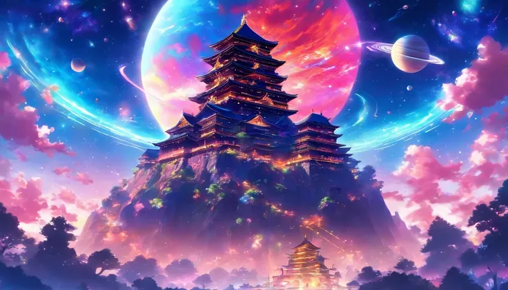 Japan castle floating in outer space、cosmic space、Japan castle located next to Saturn、Saturn、