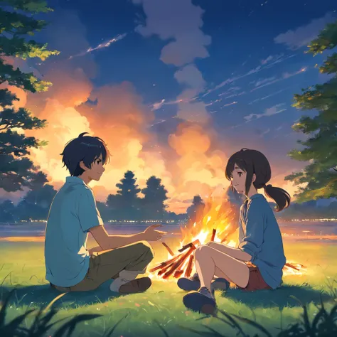 A sensitive and suspicious girl sits on the grass，The person next to him is chatting，She looked at the campfire in front of her and smiled