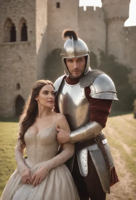 (((Medium shot))), couple, (a man and a woman), two individuals, outside the castle, jousting, playful, playful, sweet, happy, smile, armor, chain mail, armor, happy, pretty eyes, playful, surrealism, pov, romanticism, cinematic lighting, 8K, UHD, masterpi...