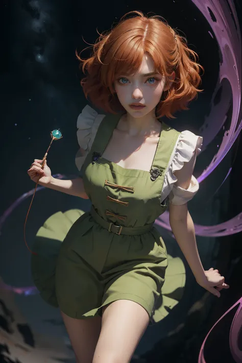 concept art, overhead angle of a Will-o-the-wisp, wearing Funny Somali Emerald deep orange Pinafore, Caramel hair styled as Short hair, fluorescent purple Hair tie, equirectangular 360, Highres,  [(art by Willi Baumeister:1.1), (art by John T. Biggers:1.2)...