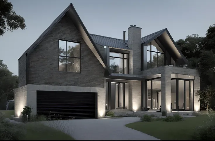 black metal garage-door, gable roofs, contemporary chalet house, floor-to-ceiling windows, limestone brick exterior, daytime, linear, hotel chic, exterior design, award winning render, contemporary house, a photorealistic rendering, fully detailed render, ...