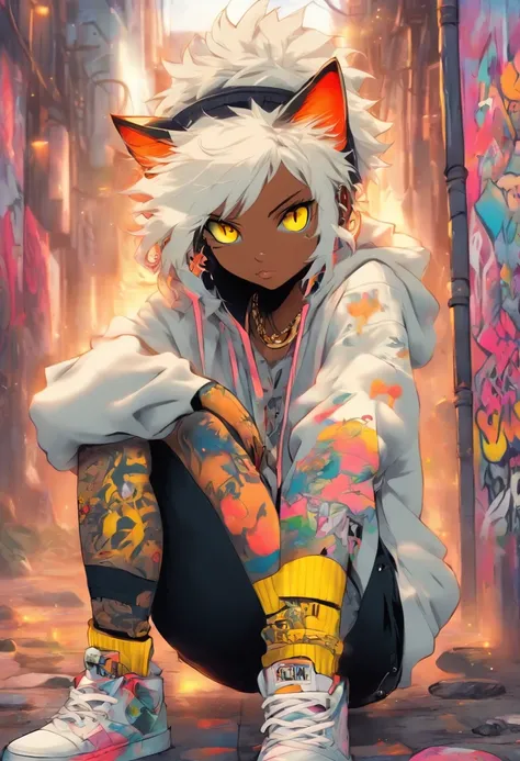 A cool and trendy cat, white hair, yellow eyes, wearing trendy hip hop clothing, wearing a hoodie, graphic t-shirt and torn jeans, tons of tattoos and piercings, graffiti style background, highly detailed background, perfect masterpiece, high quality, high...