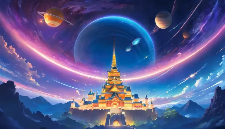 Japan castle floating in outer space、Japan castle wandering in space、cosmic space、Japan castle located next to Saturn、Saturn、