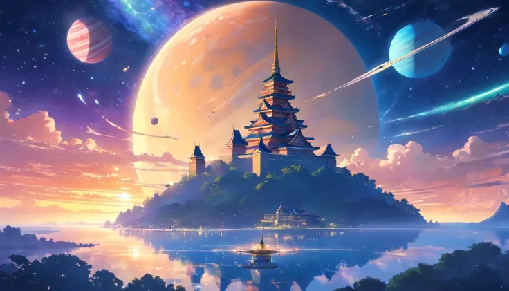 Japan castle floating in outer space、Japan castle wandering in space、cosmic space、Japan castle located next to Saturn、Saturn、