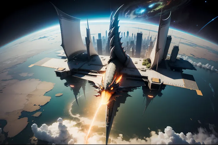 （globalillumination、radiography、hdr、The rendering is not realistic、reasonable design、high detal、in a panoramic view、best qualtiy、hyper HD）In space，A giant spaceship in the form of a Chinese dragon，Huge movable flying city，The entire ship is protected by en...