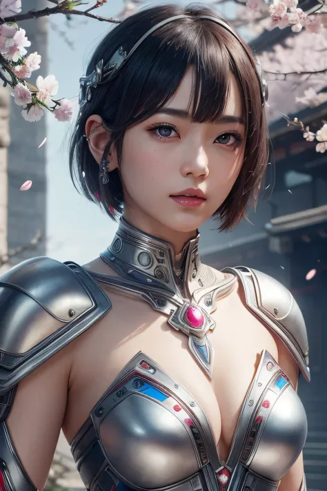 beautiful japanese young woman, wearing cyborg armor made of silver, thick symmetrical features, very short hair, background is cherry blossoms, pink aura, red lips, octane render,