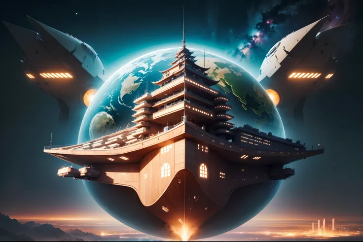 （globalillumination、radiography、hdr、The rendering is not realistic、reasonable design、high detal、in a panoramic view、best qualtiy、hyper HD）In space，A giant spaceship in the shape of a Chinese dragon，Huge mobile flying city，The entire ship is protected by an...