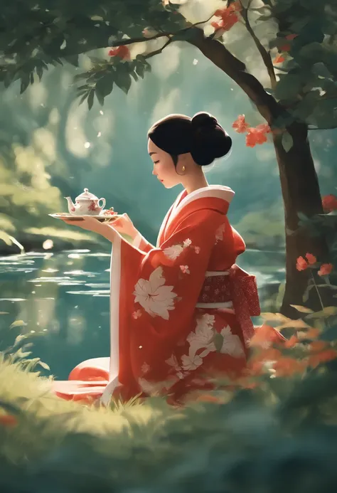 Fairytale illustration by Reiko Ikemura, Pixabay, Art simple, Illustration en couleur, Cute fairy tale illustration, Picture book illustration, illustration, girl picking tea in the style of Hayao Miyazaki, Sur le terrain, kimono, kimono