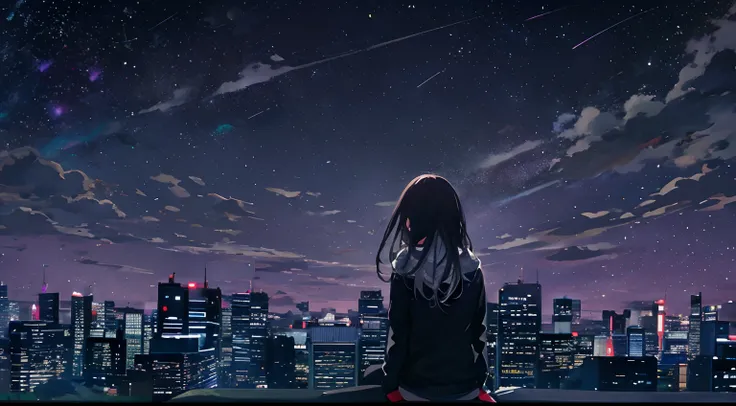 octans, sky, star (sky), scenery, starry sky, night, 1girl, night sky, solo, outdoors, building, cloud, milky way, sitting, tree...