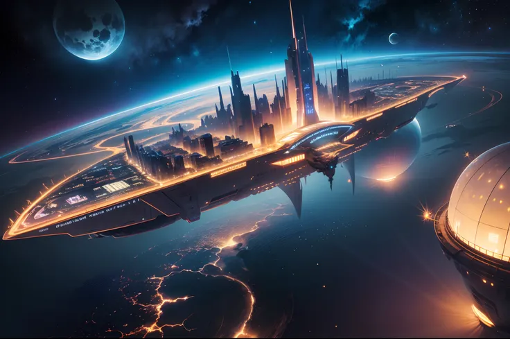 （globalillumination、radiography、hdr、The rendering is not realistic、reasonable design、high detal、in a panoramic view、best qualtiy、hyper HD）In space，A giant spaceship in the shape of a Chinese dragon，Huge mobile flying city，The entire ship is protected by an...