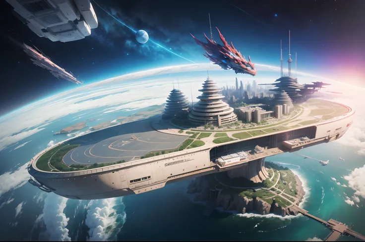 （globalillumination、radiography、hdr、The rendering is not realistic、reasonable design、high detal、in a panoramic view、best qualtiy、hyper HD）In space，A giant spaceship in the shape of a Chinese dragon，Huge mobile flying city，The entire ship is protected by an...