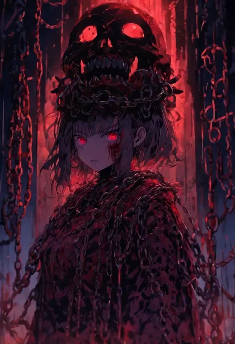 ((horror girl)), (blood big armor, (lots of chains),