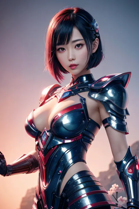 beautiful japanese young woman, wearing cyborg armor made of diamond and sapphire, thick symmetrical features, very short hair, background is cherry blossoms, pink aura, red lips, octane render,