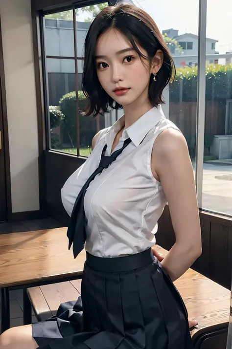 (very huge round breasts:1.3), (full body shot), (short hair, wavy hair), (school uniform, summer school uniform shirt, skirt, sleeveless:1.2), RAW photo, extremely delicate and beautiful, masterpiece, Best Quality, ultra high resolution, 16k, hyperrealist...