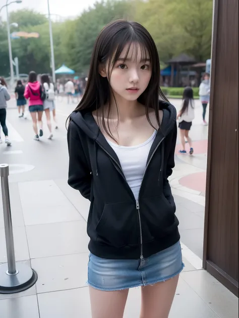 年轻，(a miniskirt)，Mokomokos hoodie，teens girl，Delicate body，petite body，Delicate body，small tits，tiny chest，Short，A dark-haired，Very Longhair，a shower，An amusement park