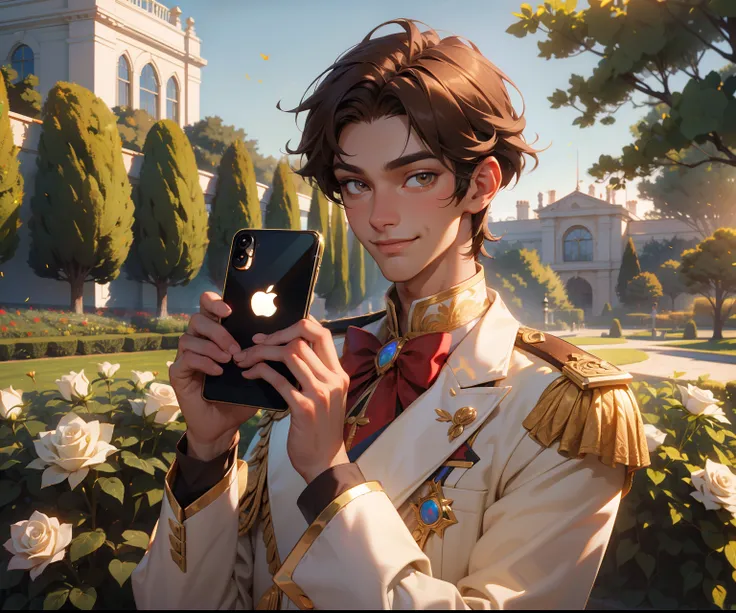 (absurdres, highres, ultra detailed), 1 male, adult, handsome, tall, Brown hair, finely detailed opal Honey eyes and detailed face, prince uniform, smile, outdoors, palace rose garden, sunlight, 8k resolution, with an iPhone 15 pro max phone in her hands w...