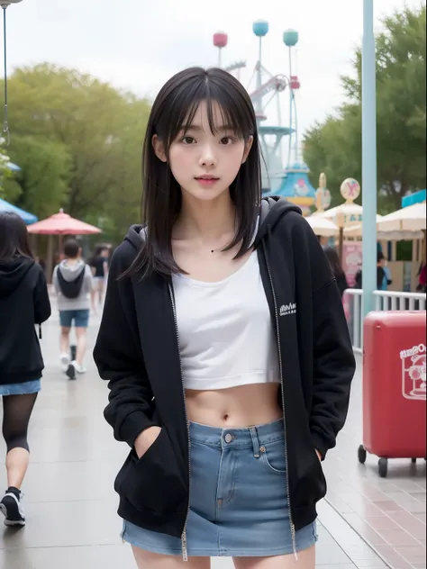 年轻，(a miniskirt)，Mokomokos hoodie，teens girl，Delicate body，petite body，Delicate body，small tits，tiny chest，Short，A dark-haired，Very Longhair，a shower，An amusement park