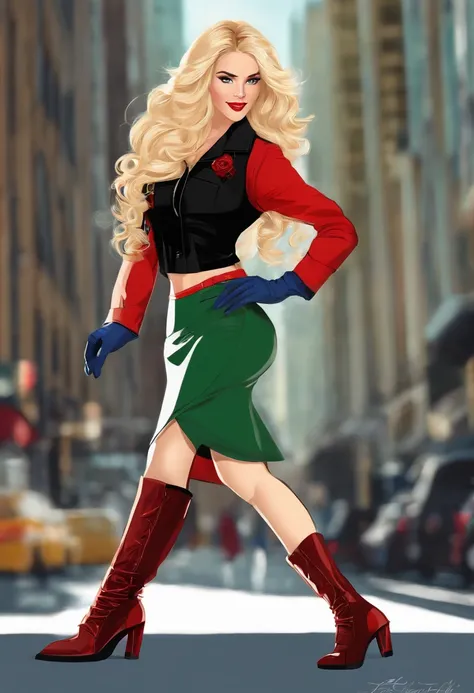 Sexy, mason, back, Smiling, Long blonde hair and green eyes, black croptop, Top, Jacket, Blue pencil skirt, Red boots, White gloves, high heels boots